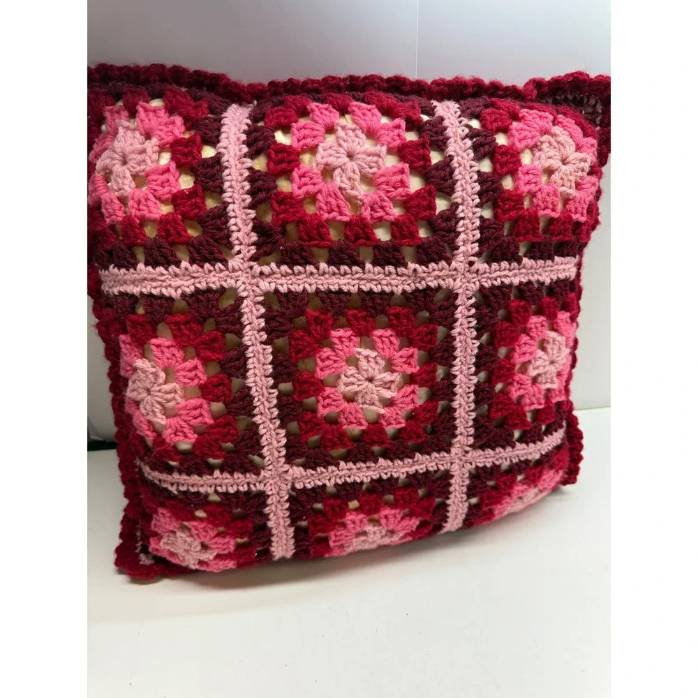 Handmade Crochet Granny Square Throw Pillow Pink Red Burgundy Retro Decorative